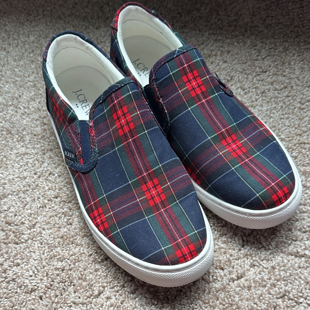 J. Crew women’s 8.5 Plaid Slip-On Sneakers - Red and Navy